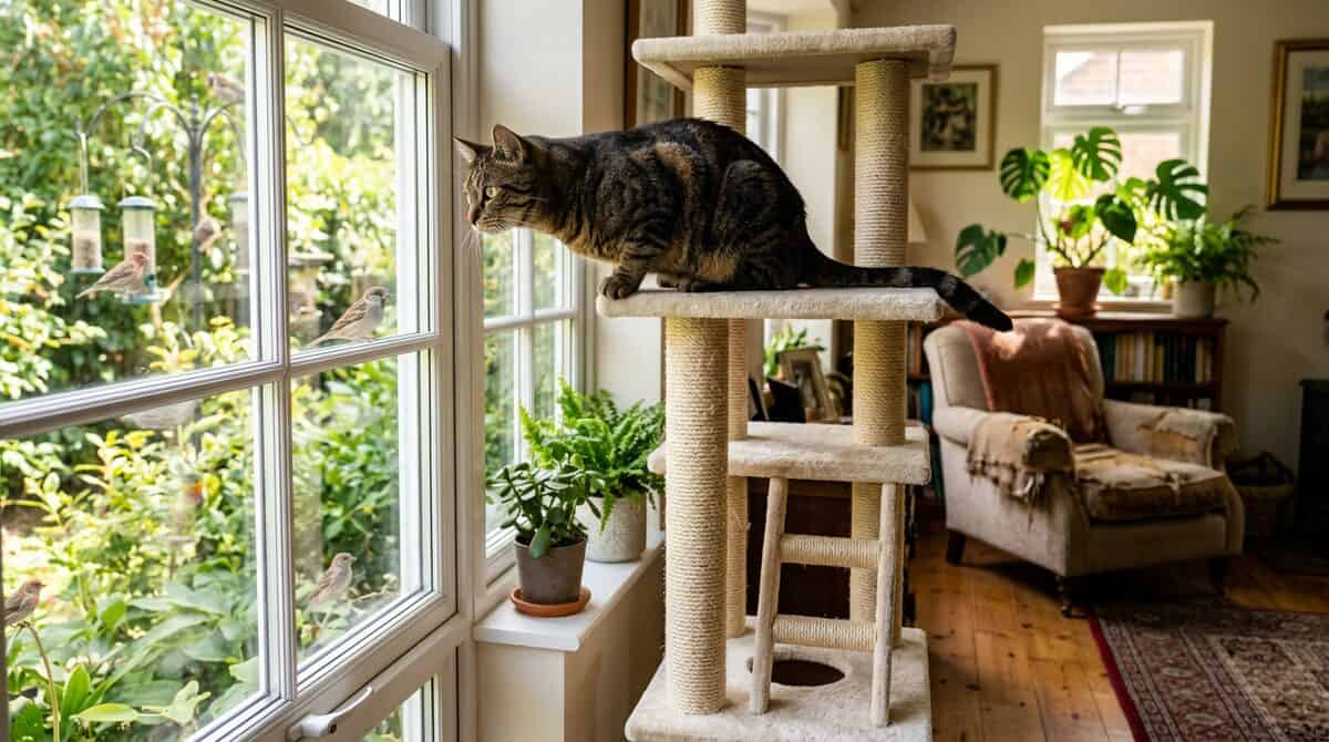 Tabby cat sitting on a tall cat tree watching birds through the window