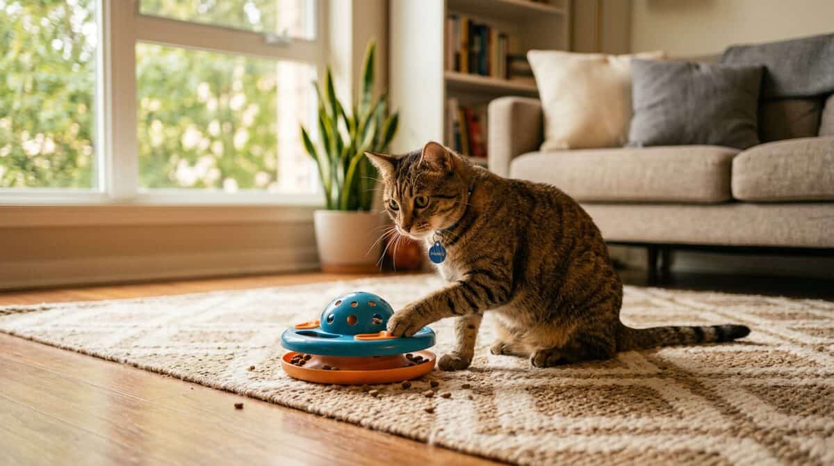 Happy indoor cat playing with a puzzle feeder toy