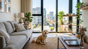 Small dog relaxing in a bright modern apartment