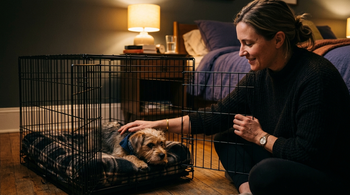 Owner comforting dog at crate door with calm reassurance