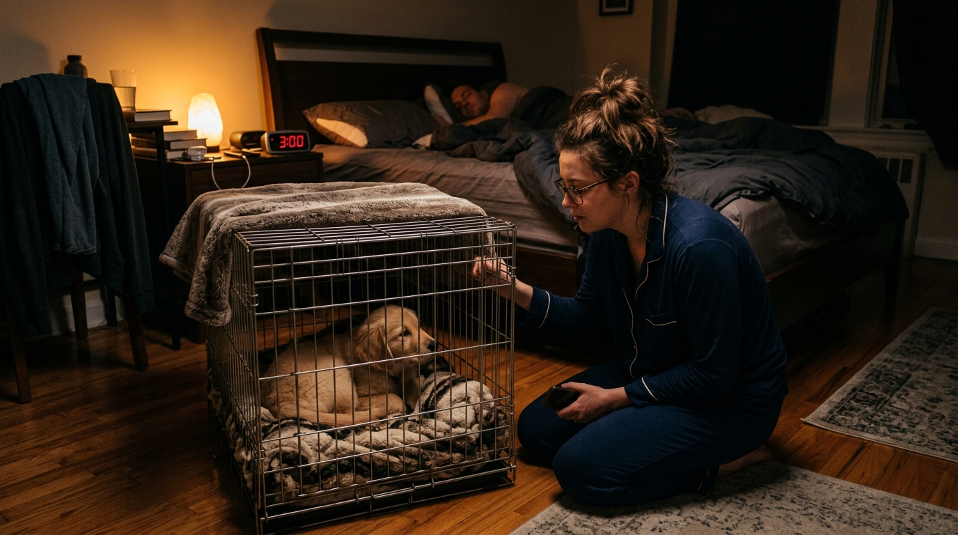 Dog crate at night with soft nightlight in apartment bedroom