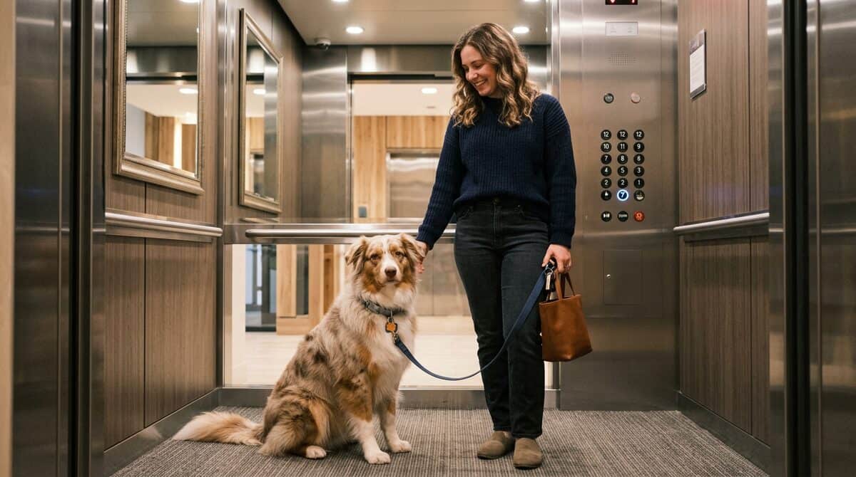 well-behaved dog sitting calmly in an apartment building elevator with owner