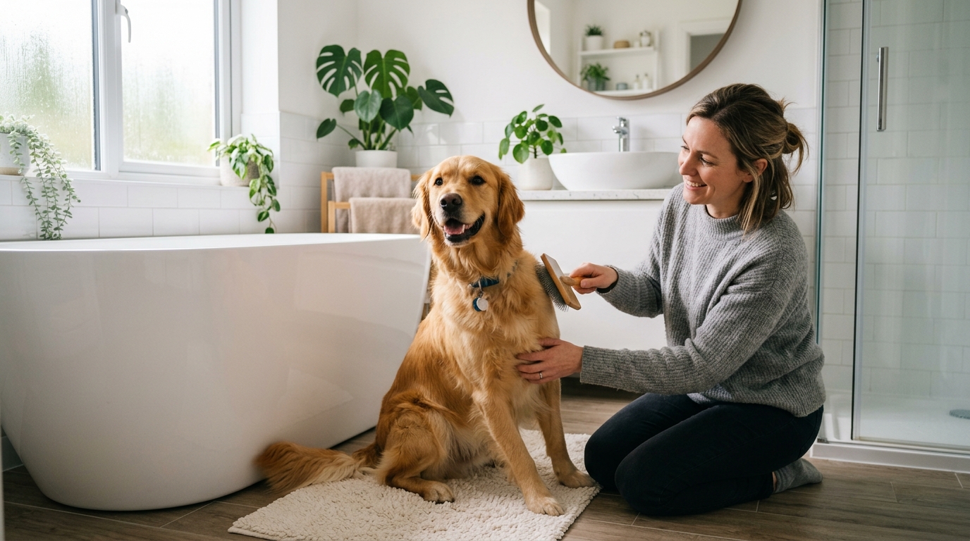 Owner grooming a golden retriever in a small apartment bathroom
