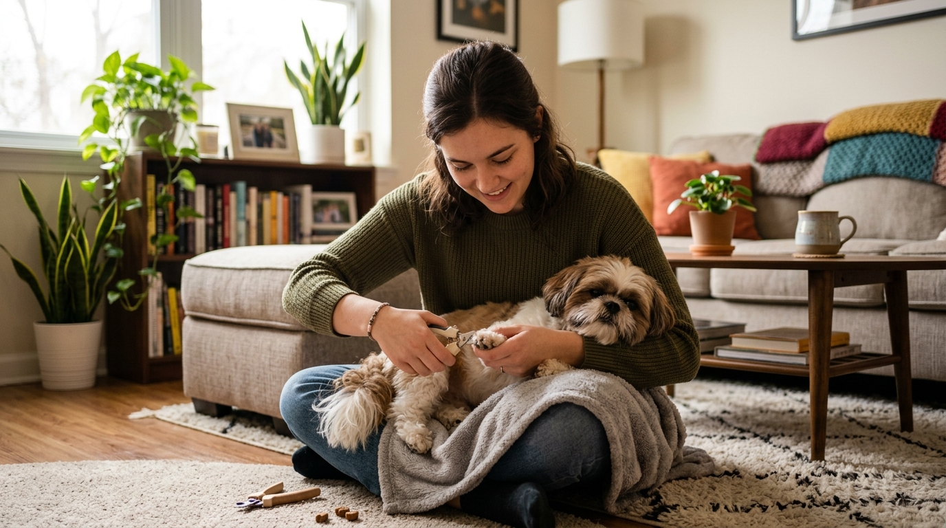 Person trimming a dog's nails gently in a cozy apartment