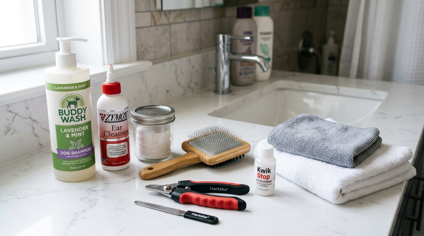 Dog grooming tools laid out on an apartment bathroom counter