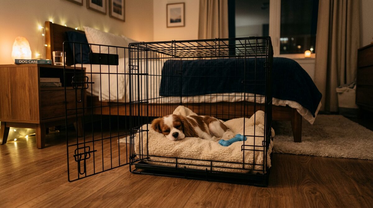 Dog crate training at night in apartment bedroom