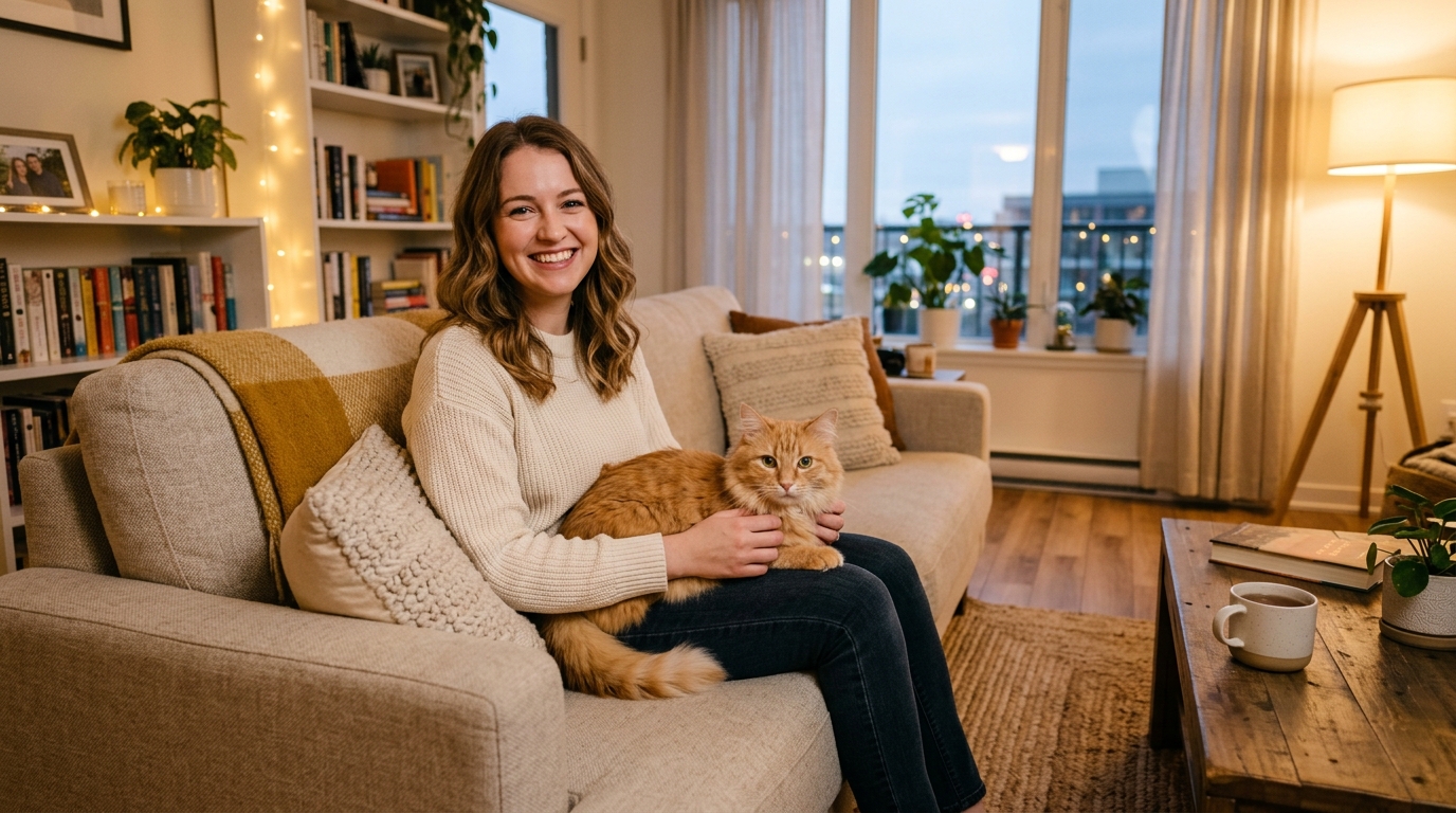 First-time cat owner with a gentle calm cat in a cozy apartment
