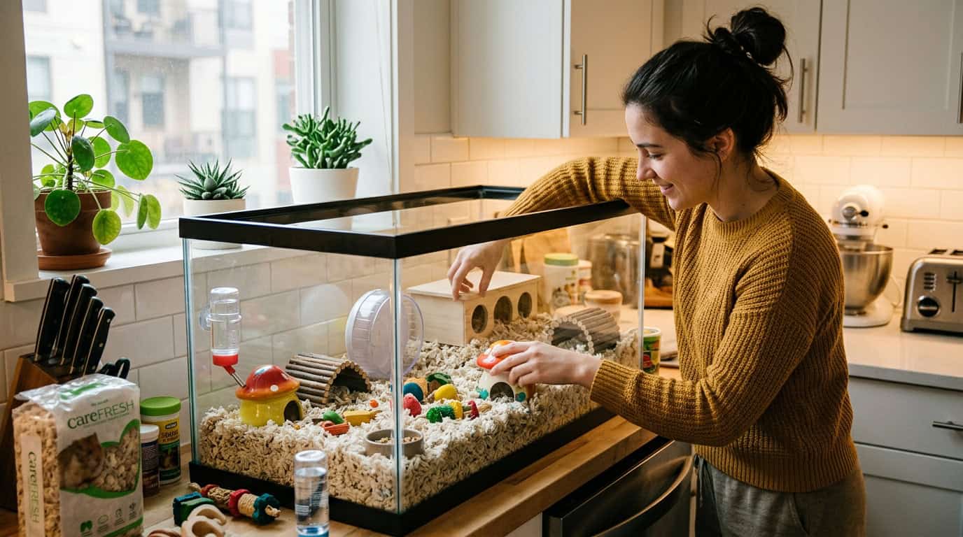 Setting up a hamster cage with proper bedding and enrichment