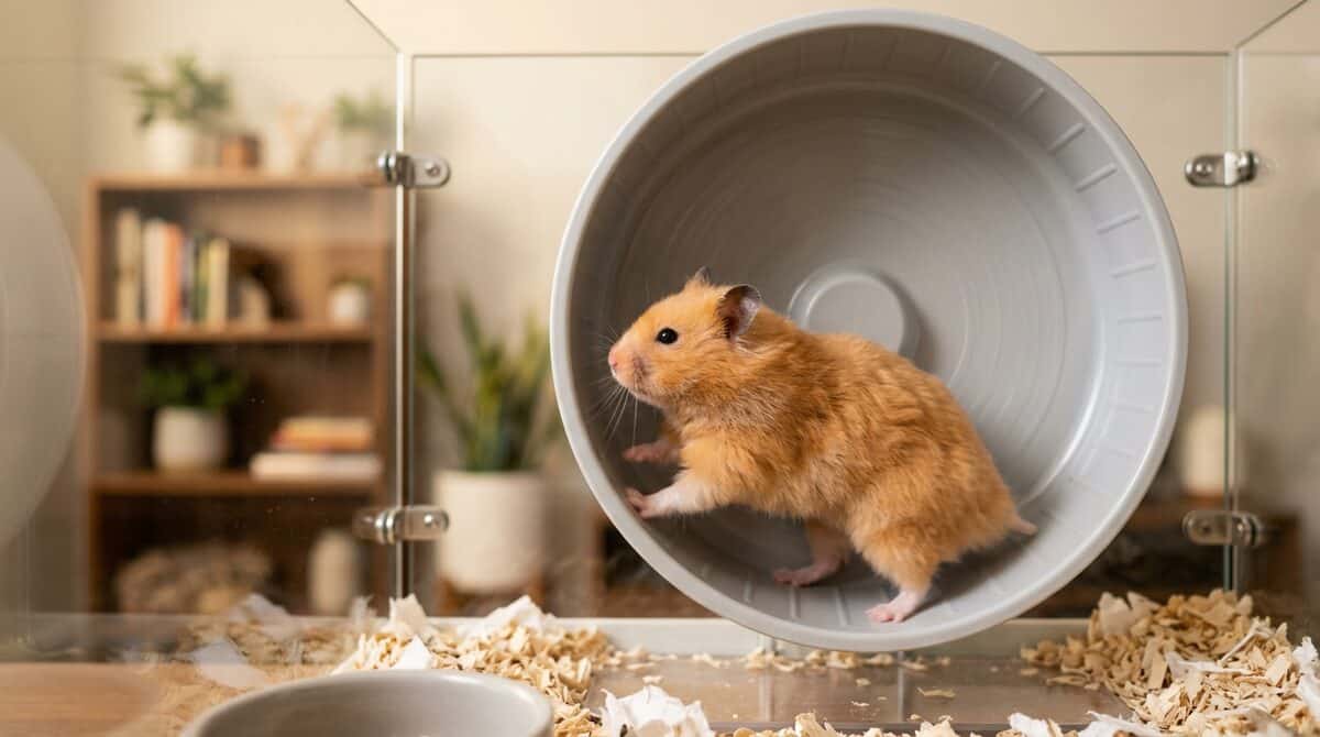 Hamster running on a silent spinner wheel in apartment cage