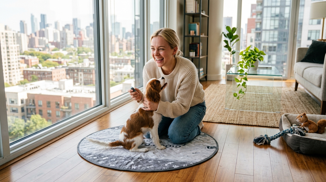 Dog owner celebrating with their dog after successful potty training in an apartment