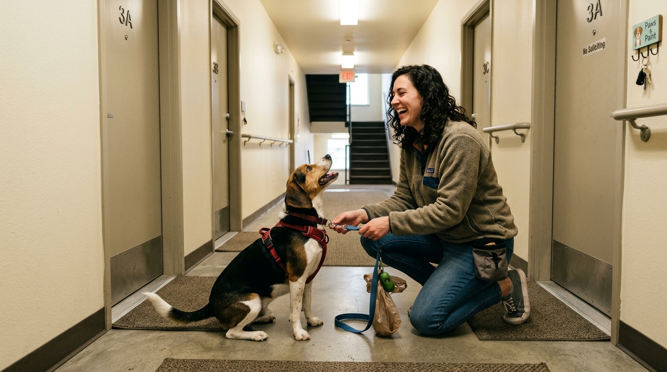 Dog owner putting on a leash for a potty break in an apartment hallway
