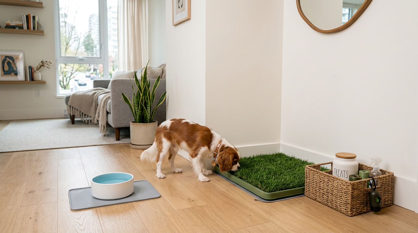Clean indoor dog potty area with grass pad in an apartment corner