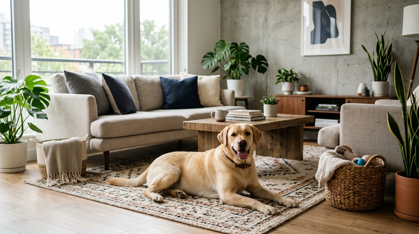 Large Labrador Retriever relaxing comfortably in a modern apartment