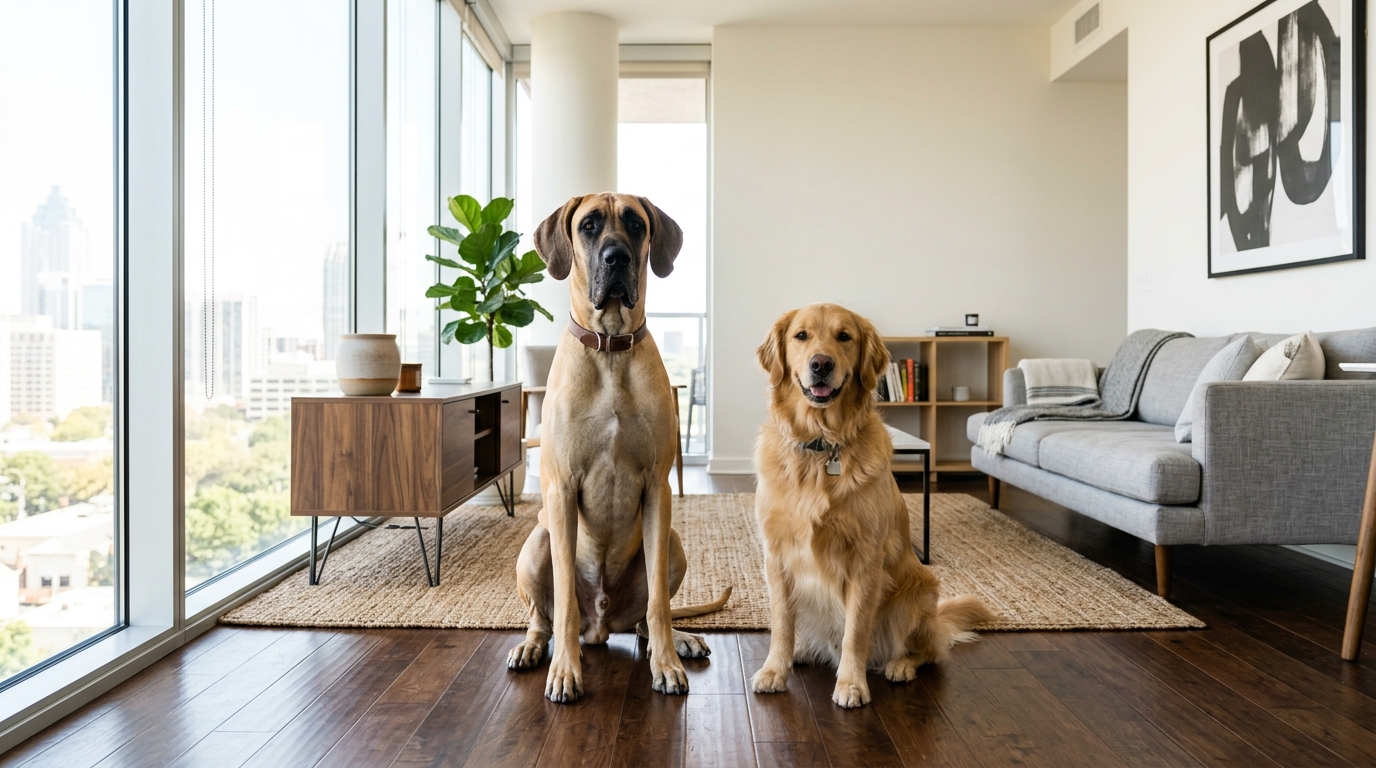 A Great Dane and Golden Retriever relaxing side by side in a spacious apartment