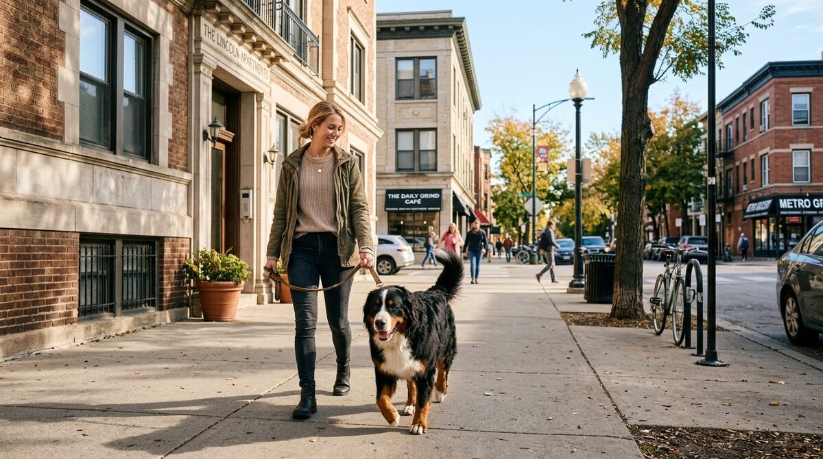 Owner walking a large Bernese Mountain Dog outside an apartment building