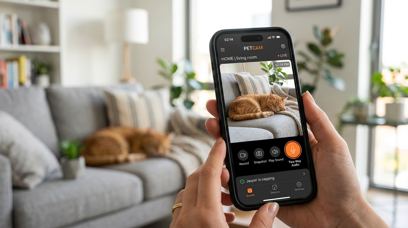Smartphone displaying pet camera app showing cat on couch