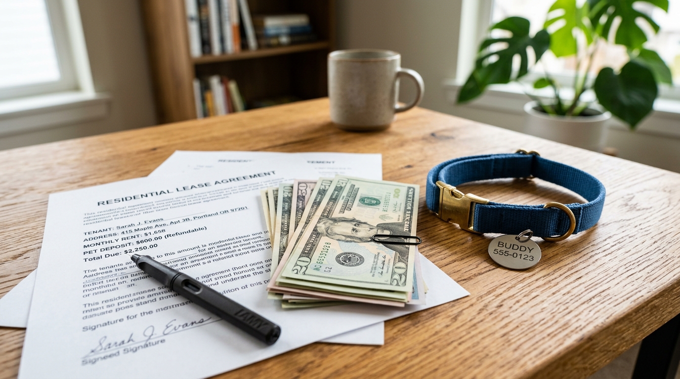 Money, lease documents, and pet collar representing pet deposit costs