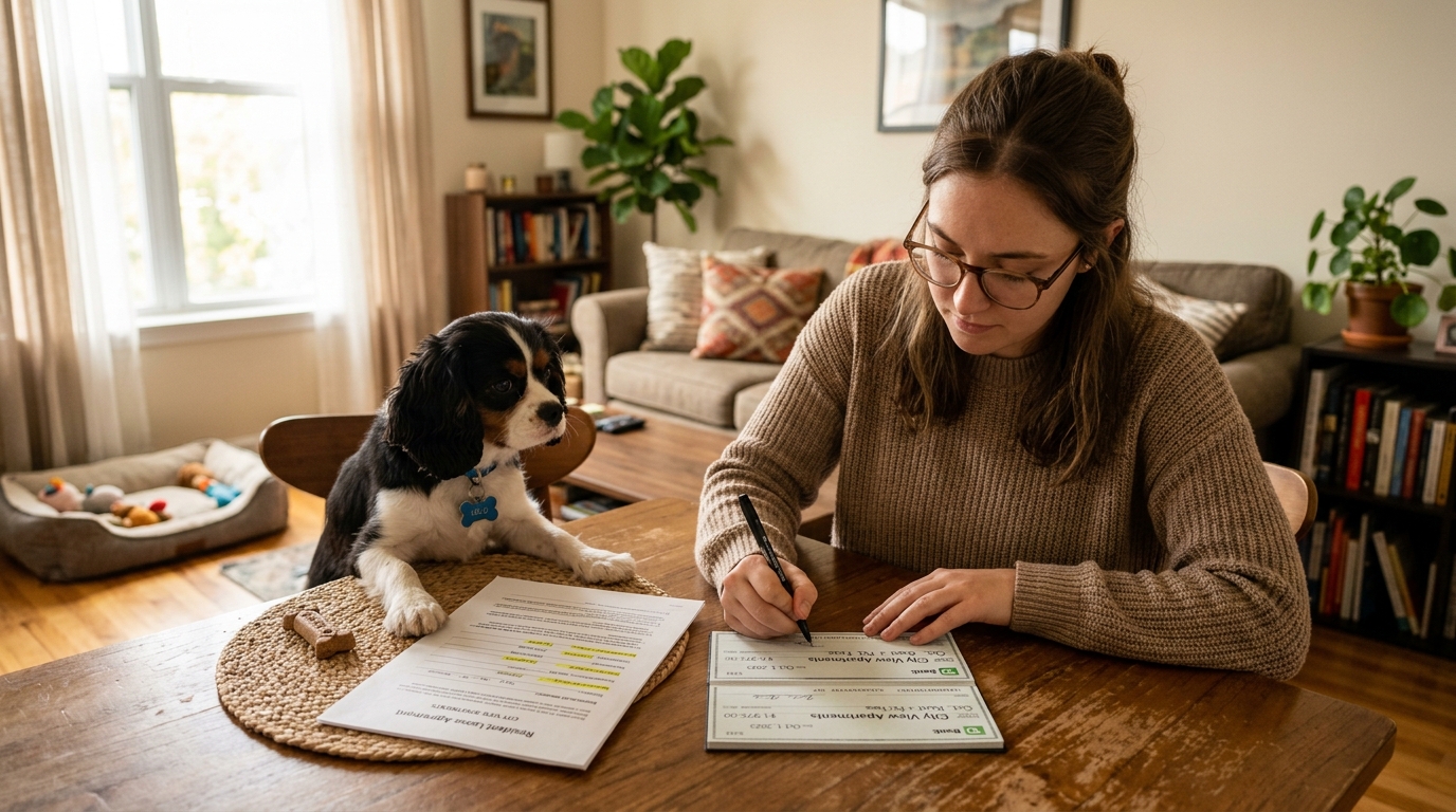 Person writing a rent check next to a small dog in an apartment