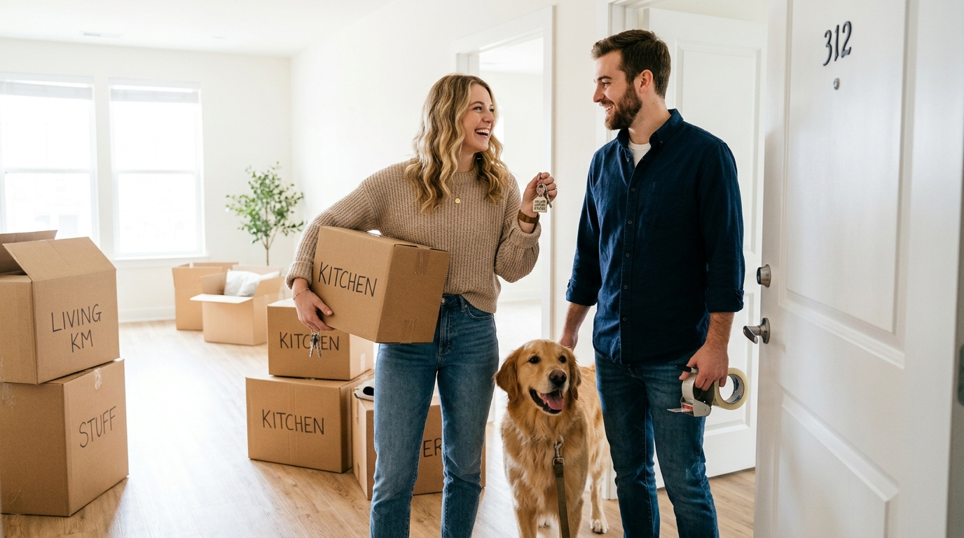Couple moving into pet-friendly apartment with golden retriever