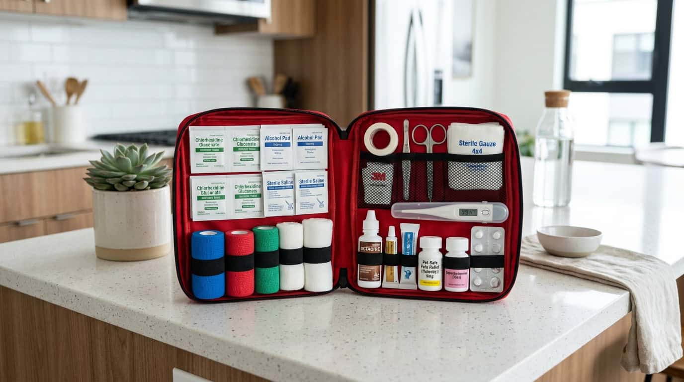 Well-organized pet first aid kit with essential supplies open on a kitchen counter