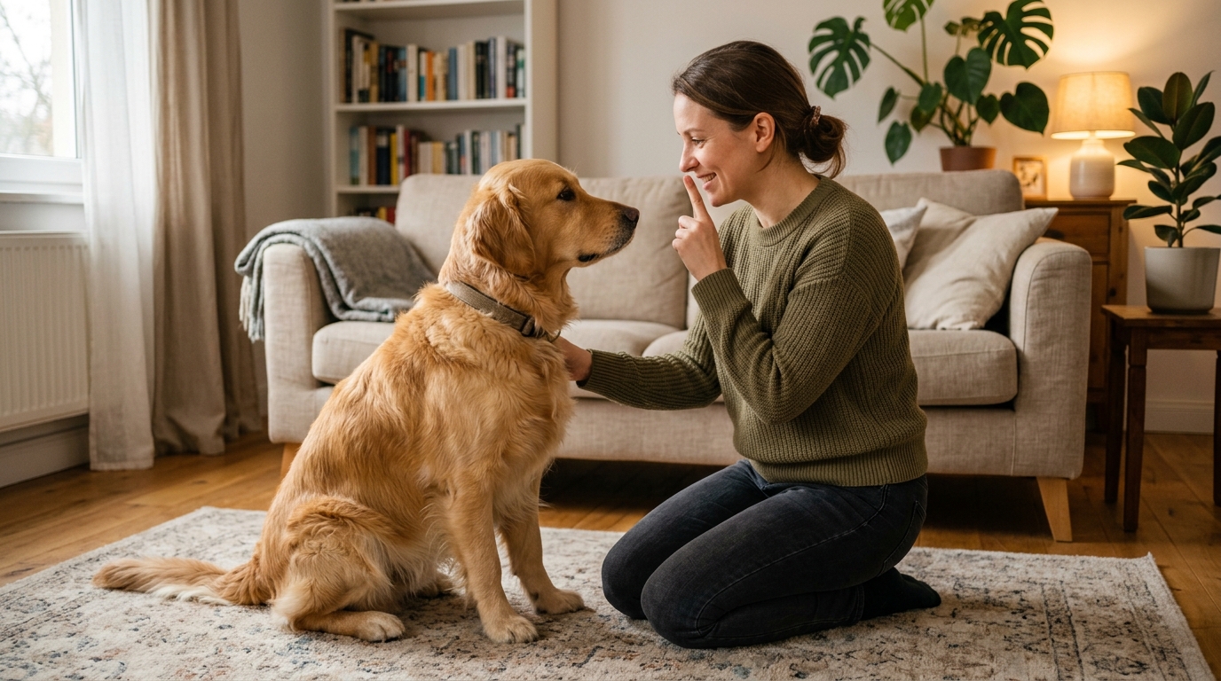 Dog owner teaching their dog to be quiet on command in a living room