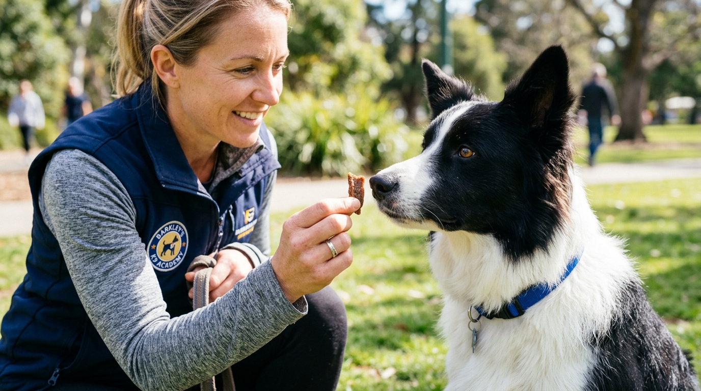 Dog trainer using a treat to teach a dog the quiet command