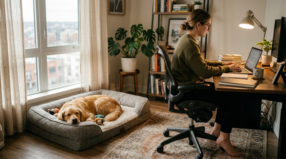 Dog lying quietly on a bed while owner works at home