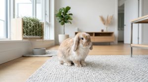 Holland Lop rabbit sitting peacefully in a modern apartment