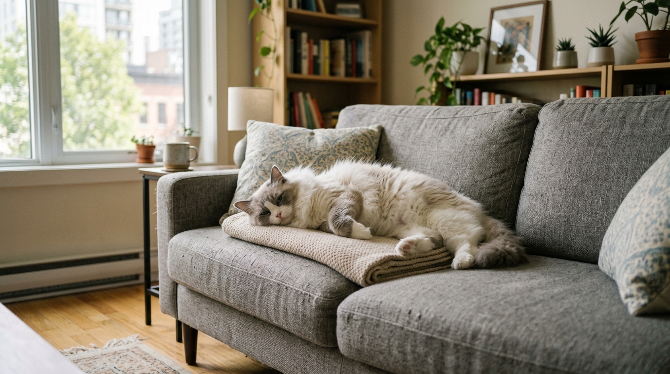 Ragdoll cat relaxing on a couch in a small apartment — perfect for first-time owners