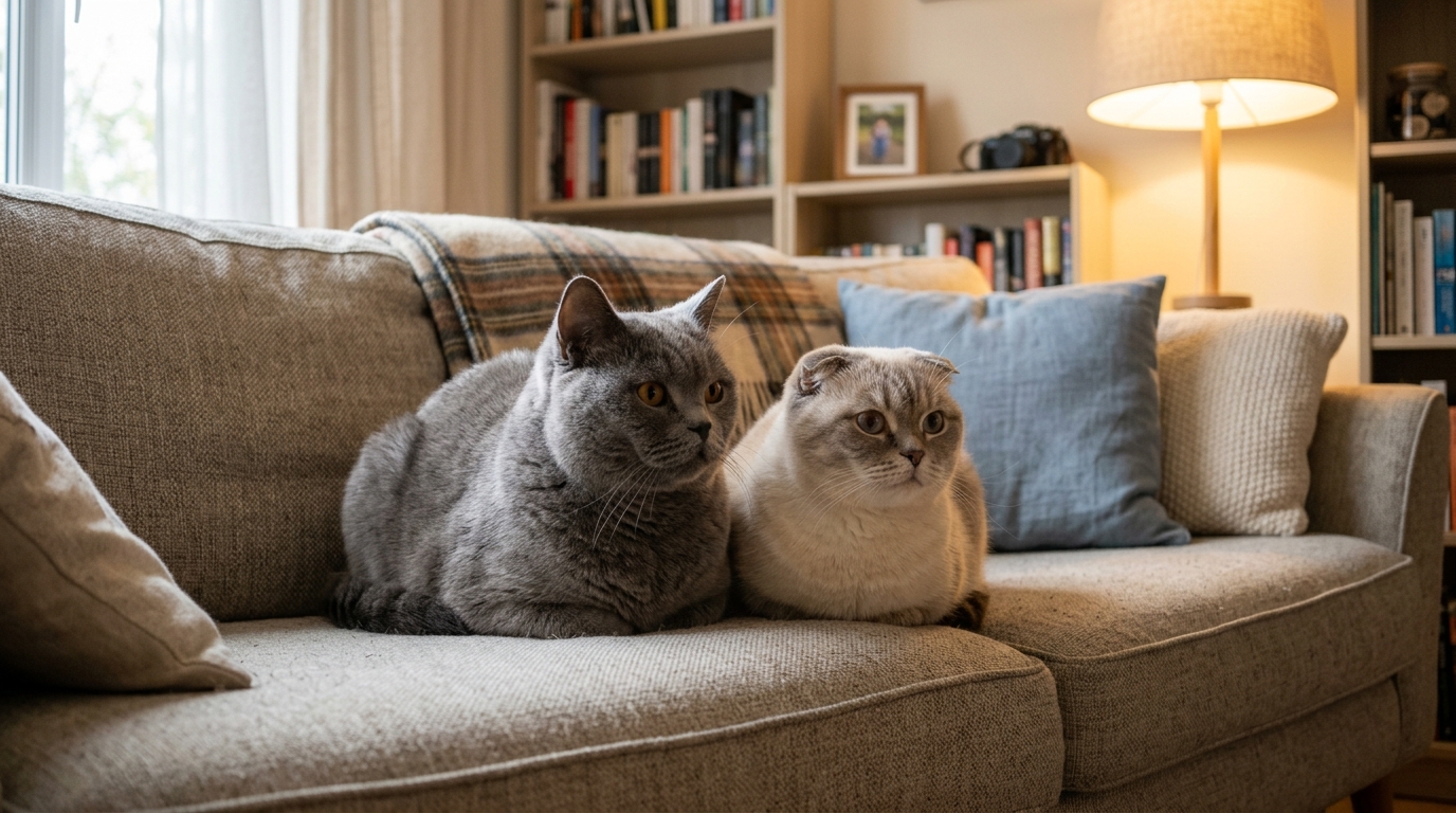 British Shorthair and Scottish Fold cats sitting together on a couch in a small apartment