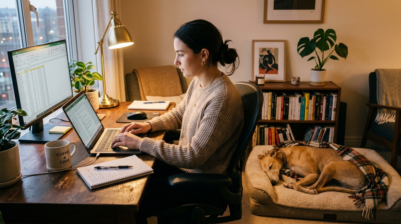Busy professional working from home with a calm dog sleeping nearby