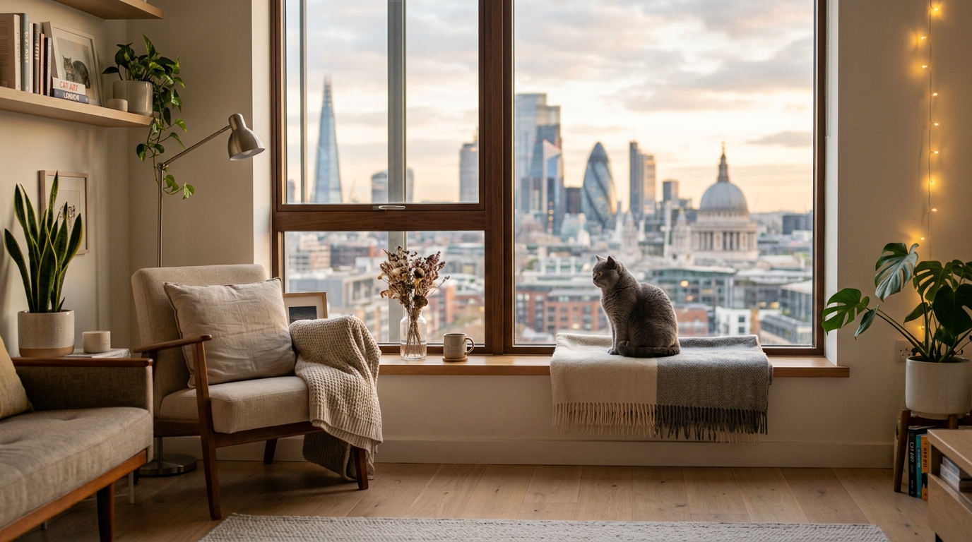 British Shorthair cat sitting on a windowsill in a cozy apartment with city view