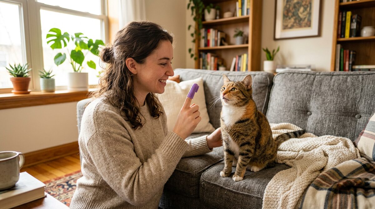 Owner using a finger brush for cat dental care in a cozy apartment