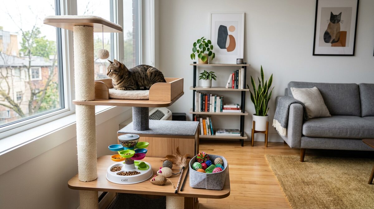 Cat enrichment setup with cat tree, puzzle feeder, and toys in a clean modern apartment