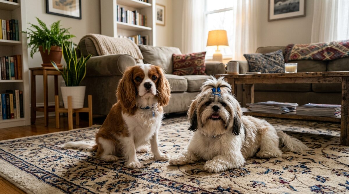 Cavalier King Charles Spaniel and Shih Tzu sitting together on a plush rug in a small apartment
