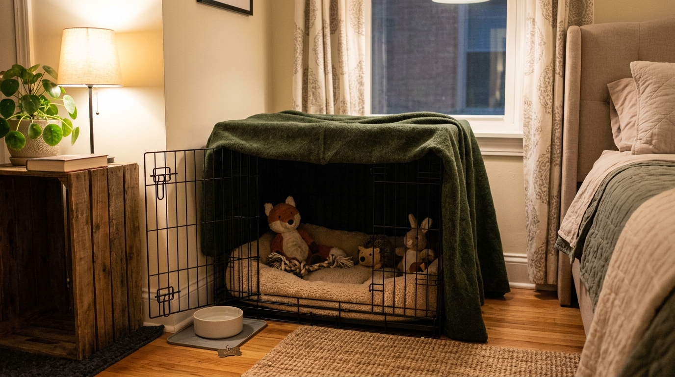 Cozy covered dog crate den setup in apartment bedroom corner