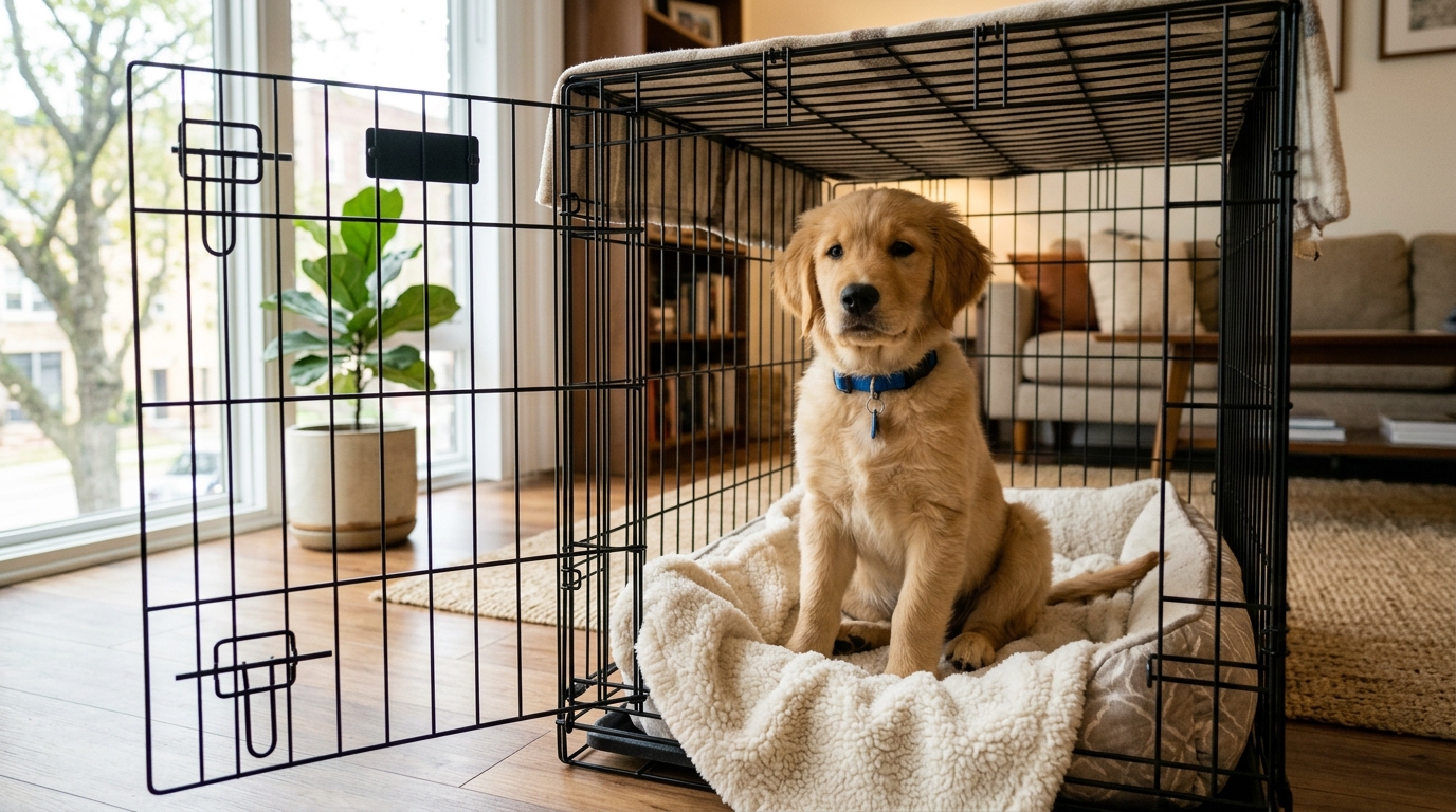 Golden retriever puppy sitting calmly in open wire crate in apartment
