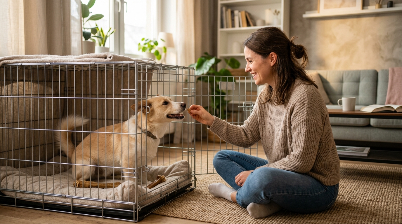 Owner doing positive crate training with medium dog in apartment