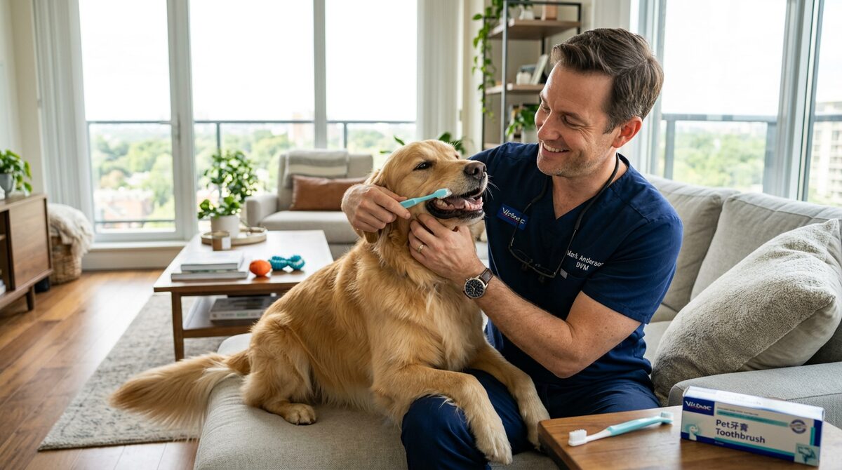 Veterinarian gently brushing a golden retriever's teeth in a bright apartment