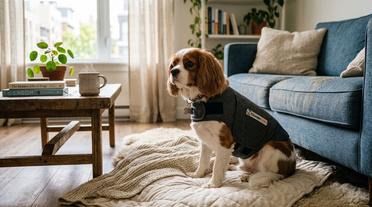 Dog wearing a calming anxiety wrap vest, sitting peacefully in an apartment