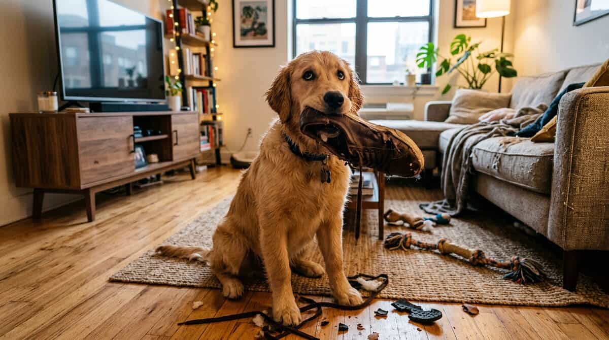 Dog caught mid-chew destroying a shoe in an apartment, looking guilty