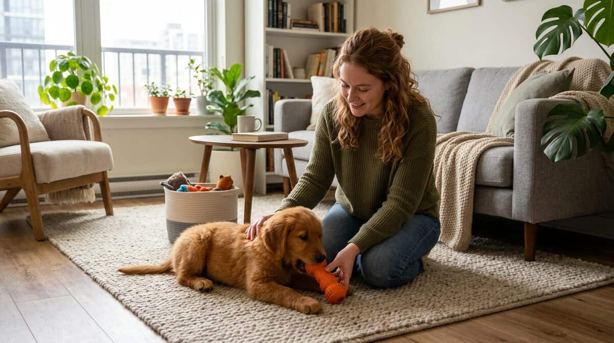 Dog owner redirecting puppy toward a chew toy with positive reinforcement in apartment