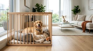Dog relaxing in a playpen alternative to a crate in a small apartment