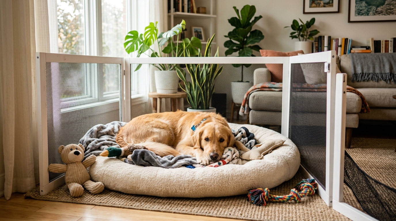 Golden retriever relaxing in a dog playpen with calming toys and soft bed in an apartment