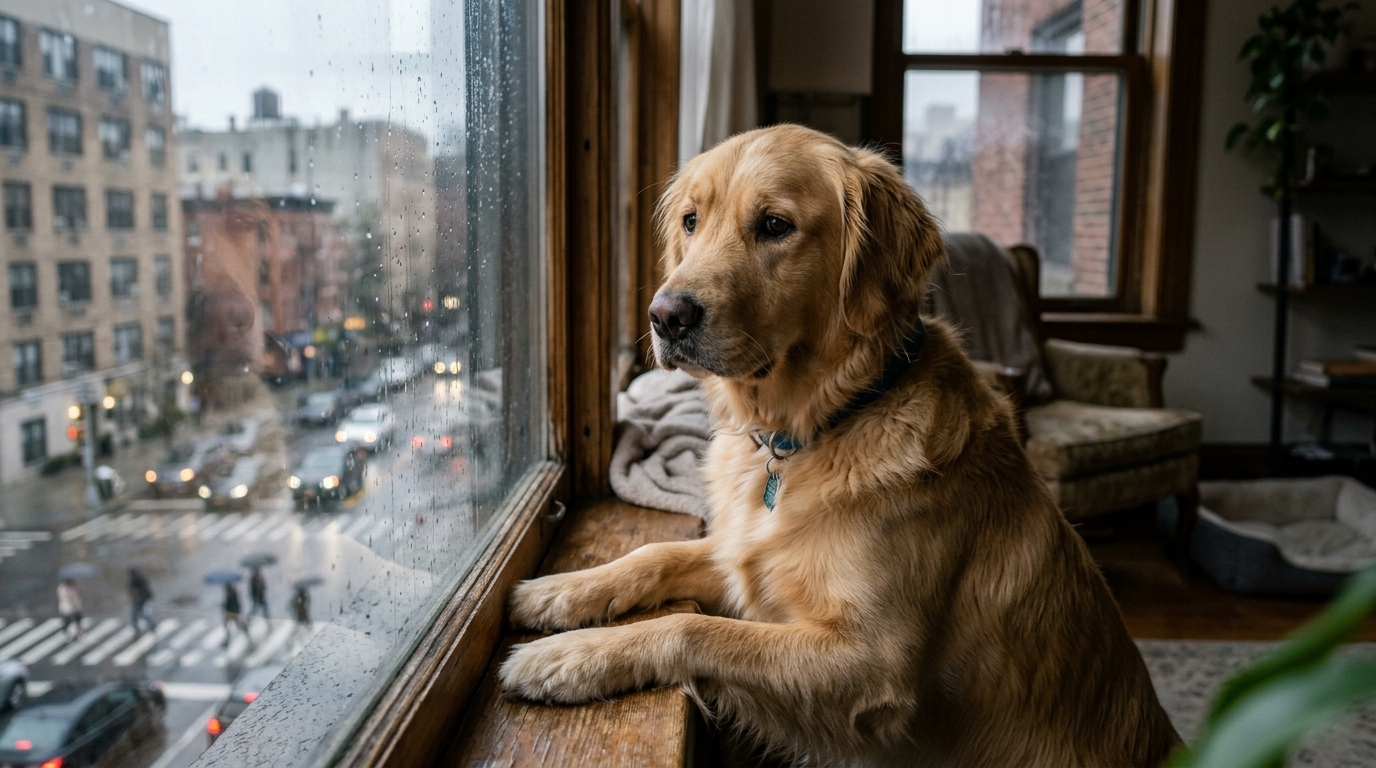 Dog with separation anxiety looking out apartment window waiting for owner