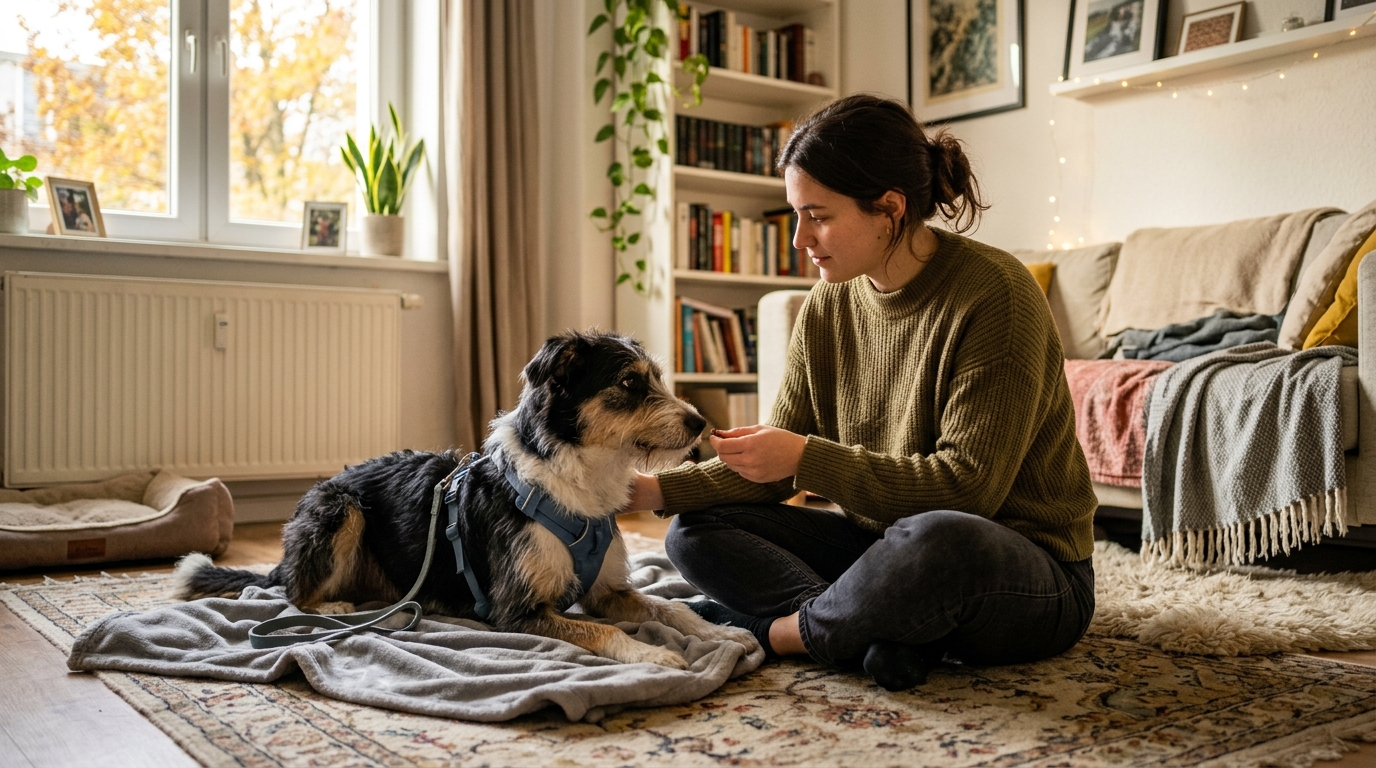 Owner doing calming training exercises with anxious dog in apartment