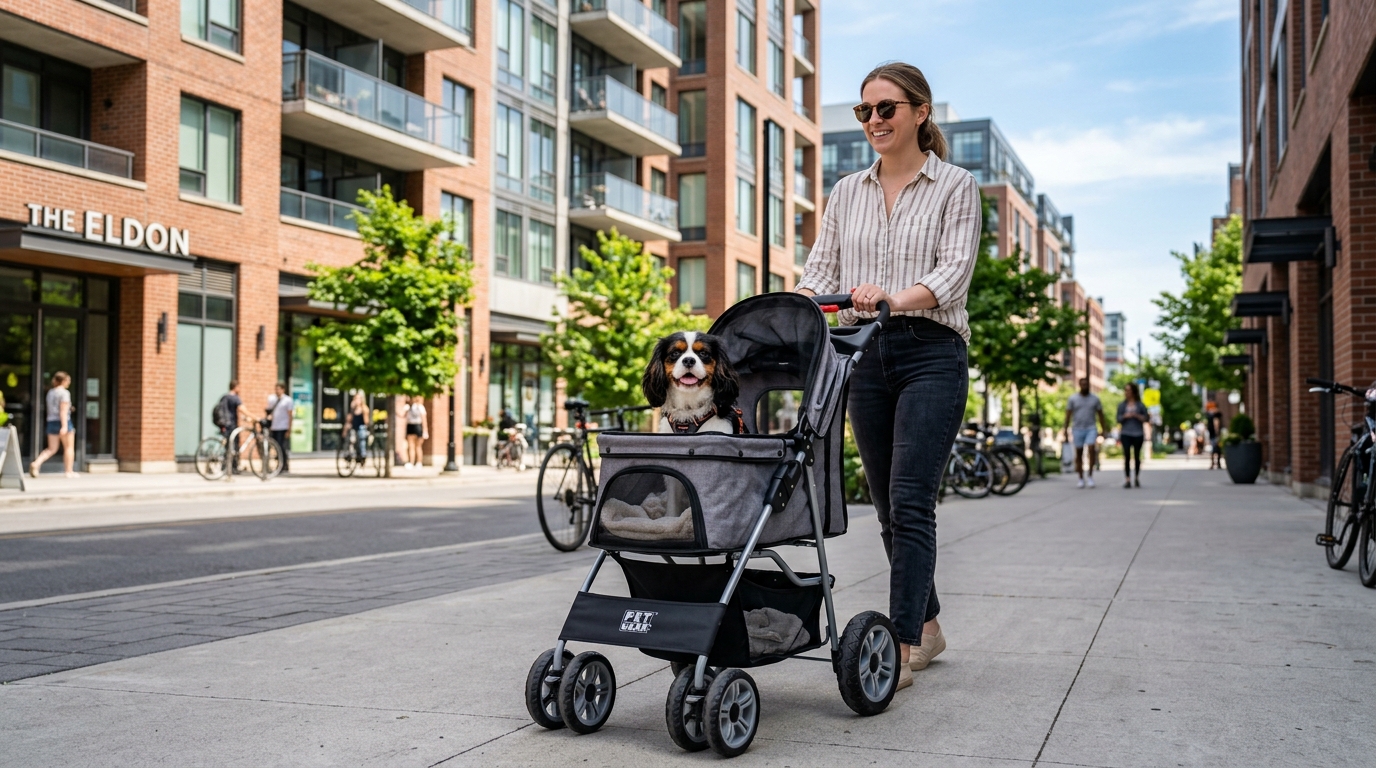 Happy small dog in pet stroller near apartment building entrance