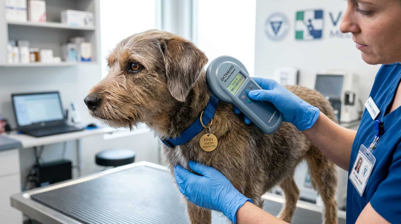 Veterinarian scanning dog microchip for pet identification