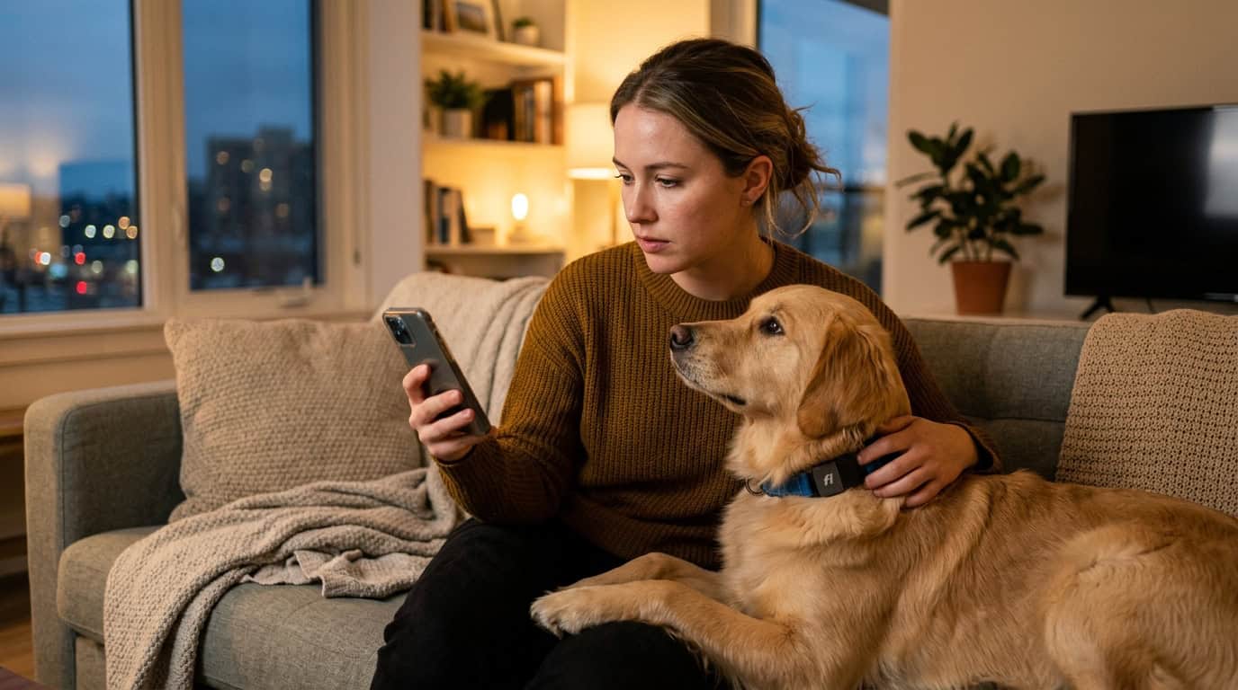 Dog owner checking GPS tracker collar on their dog for theft prevention