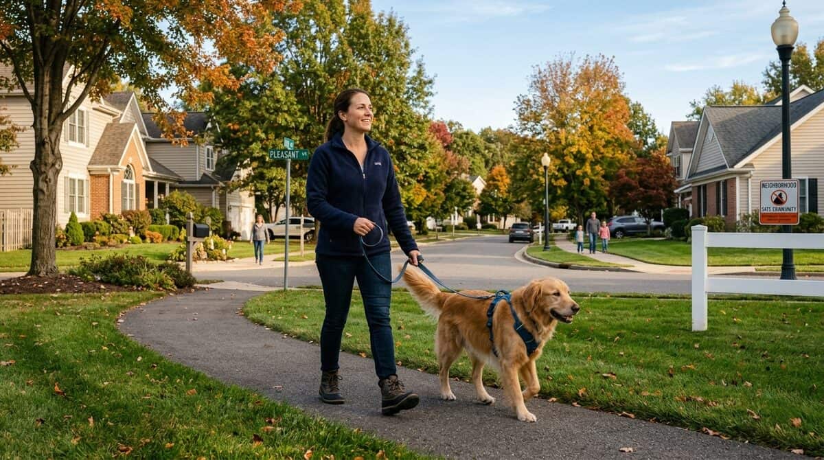 Alert dog owner walking golden retriever in safe neighborhood